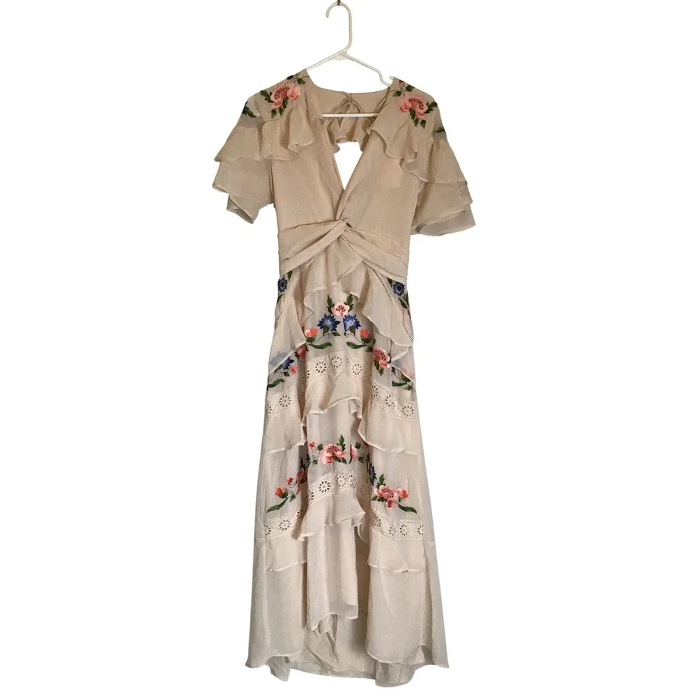 Hope & Ivy Women's Cream‎ Embroidered V-Neck Tiered Skirt Midi Dress Size 10 NWT - Picture 5 of 11